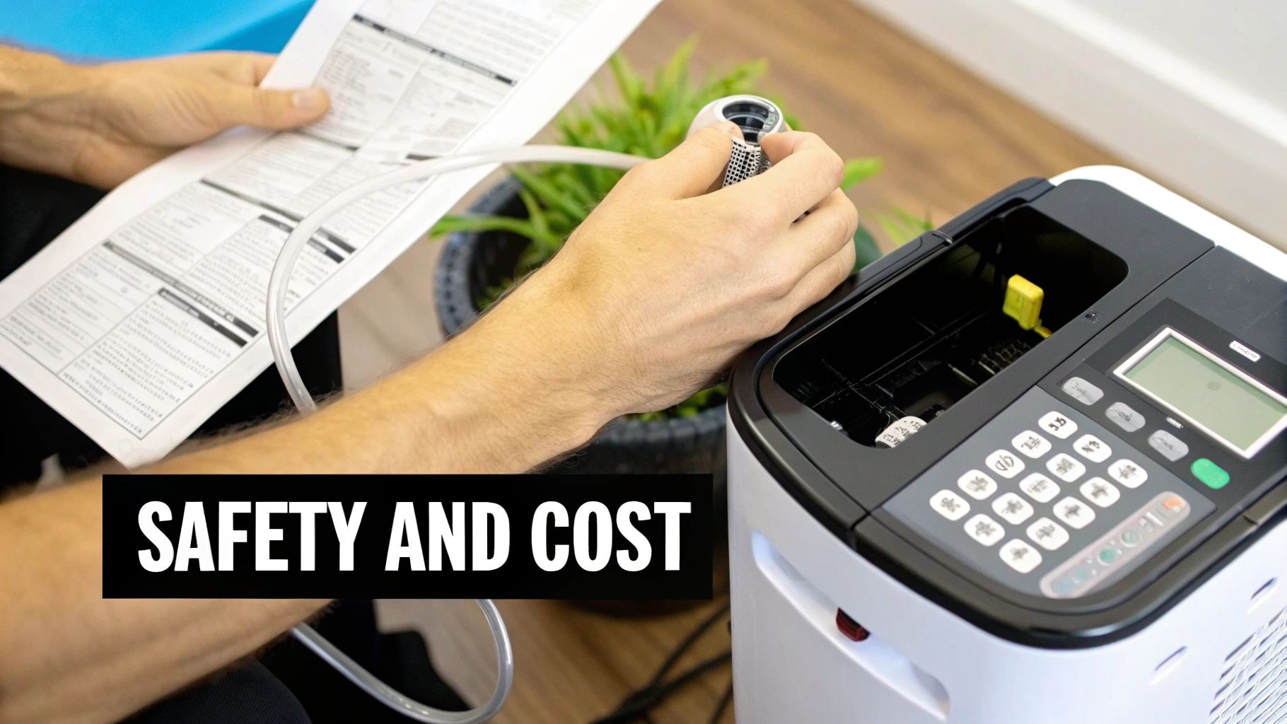 Close-up of hands operating an oxygen concentrator, holding a document, with 'SAFETY AND COST' overlay.