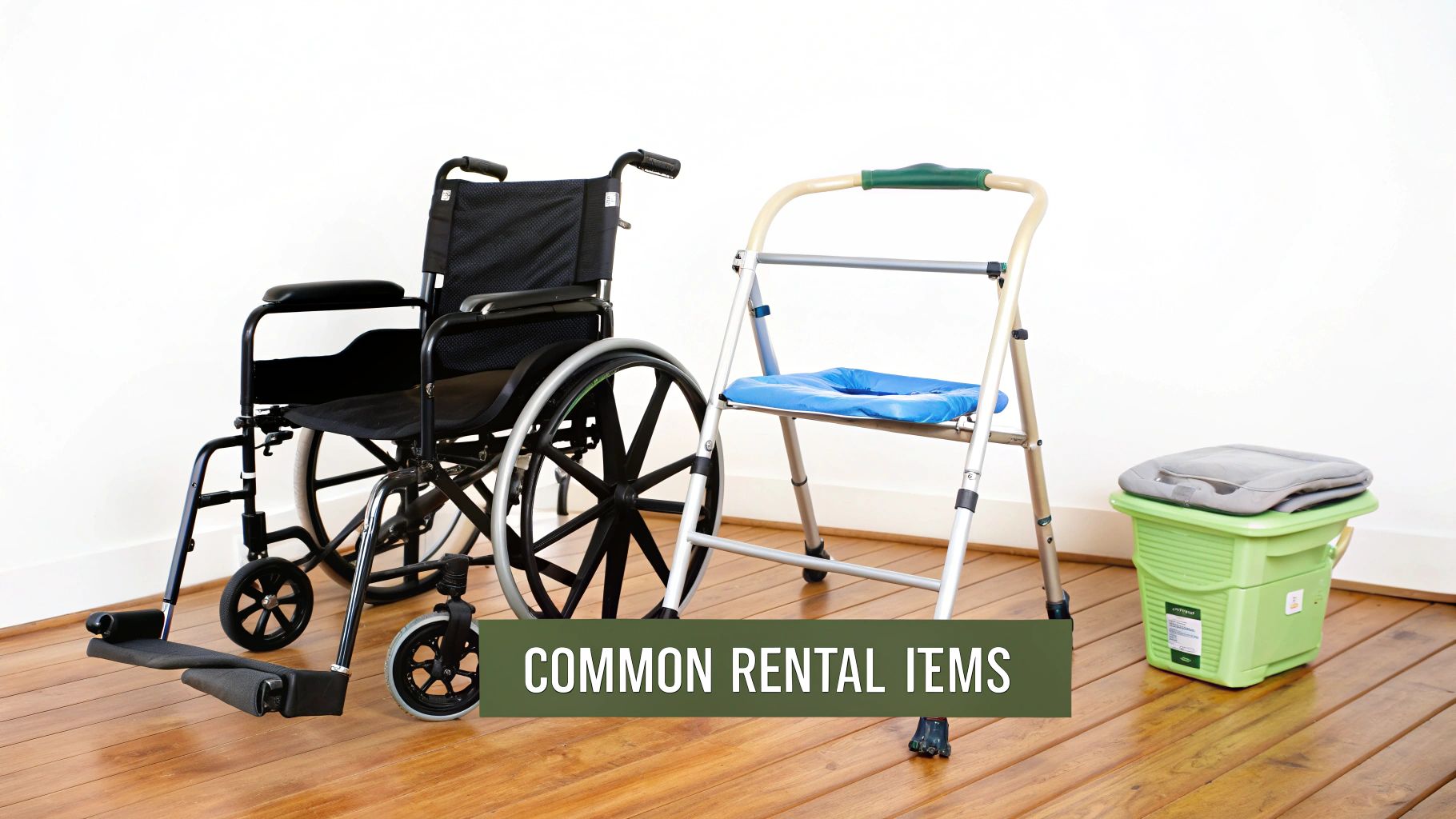 A black wheelchair, a commode chair with a blue seat, and a green portable commode, common rental items.