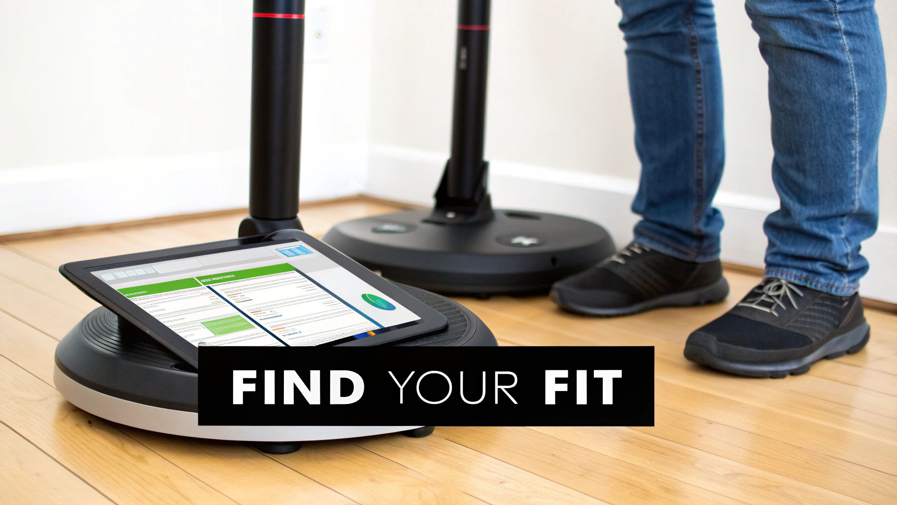 A person in jeans and sneakers stands by a sit-to-stand device with a tablet displaying a fitness report.