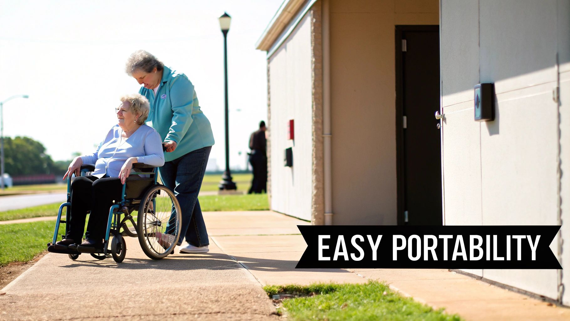 An elderly woman in a wheelchair is pushed by another woman along a sunny outdoor path, highlighting easy portability.