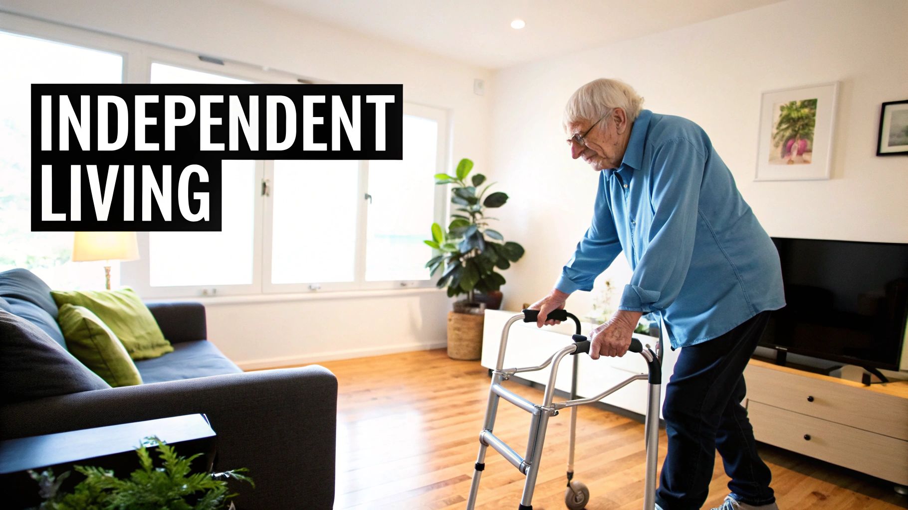 An elderly man uses a walker in a bright, modern living room, representing independent living.