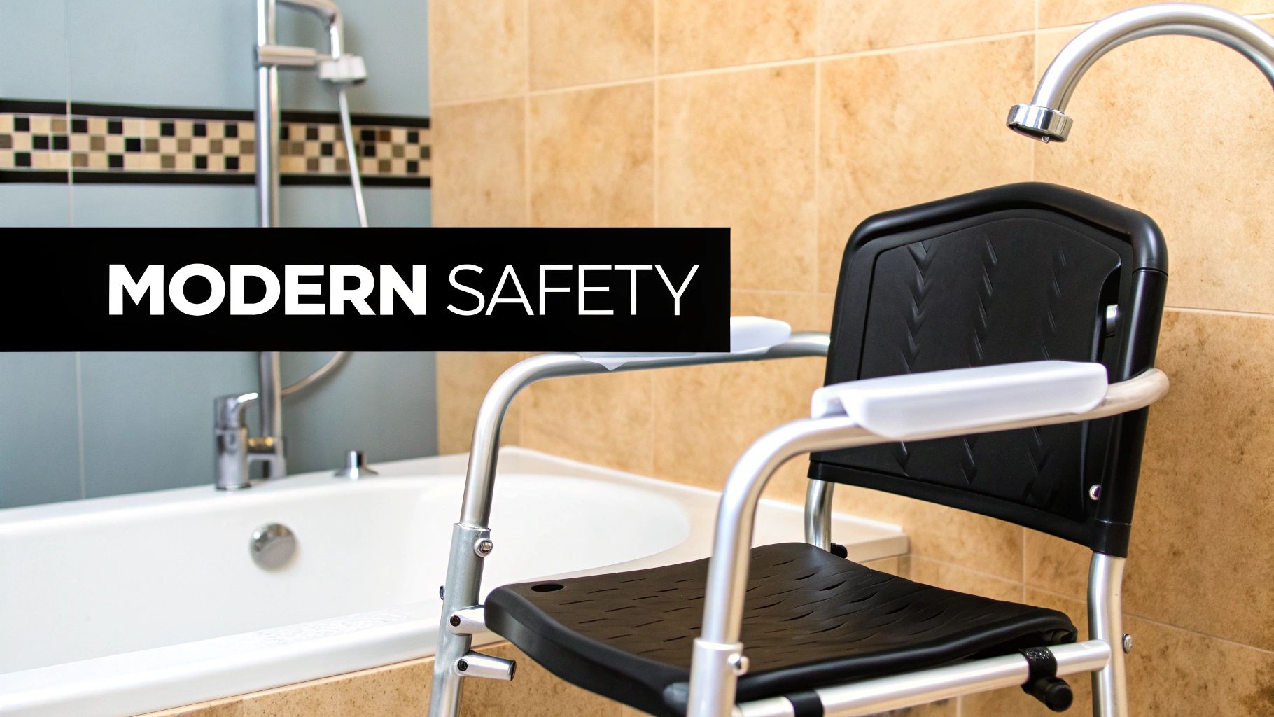 A modern black and silver shower chair next to a white bathtub in a tiled bathroom.