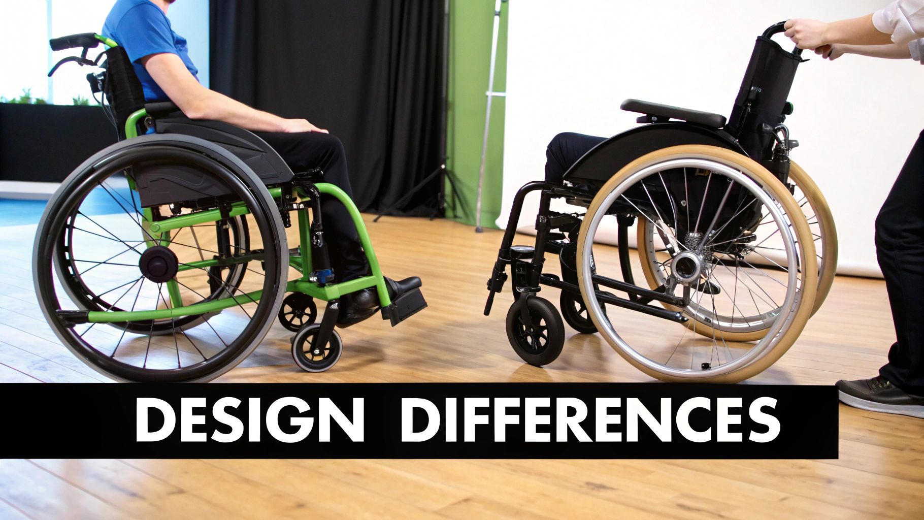 A person sits in a green wheelchair while another pushes a black one, highlighting design differences.