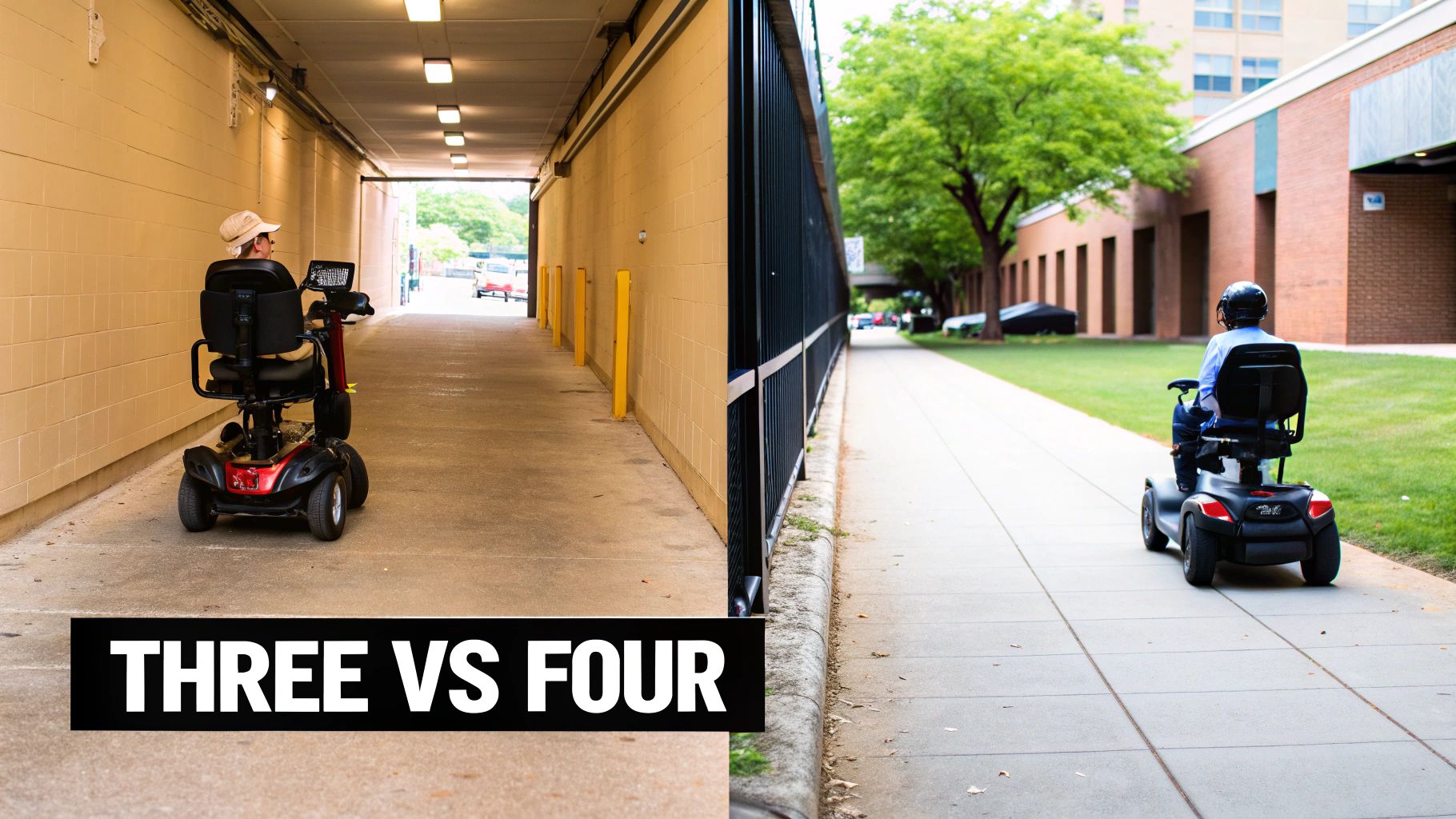 A split image shows a 3-wheel mobility scooter indoors and a 4-wheel mobility scooter outdoors for comparison.