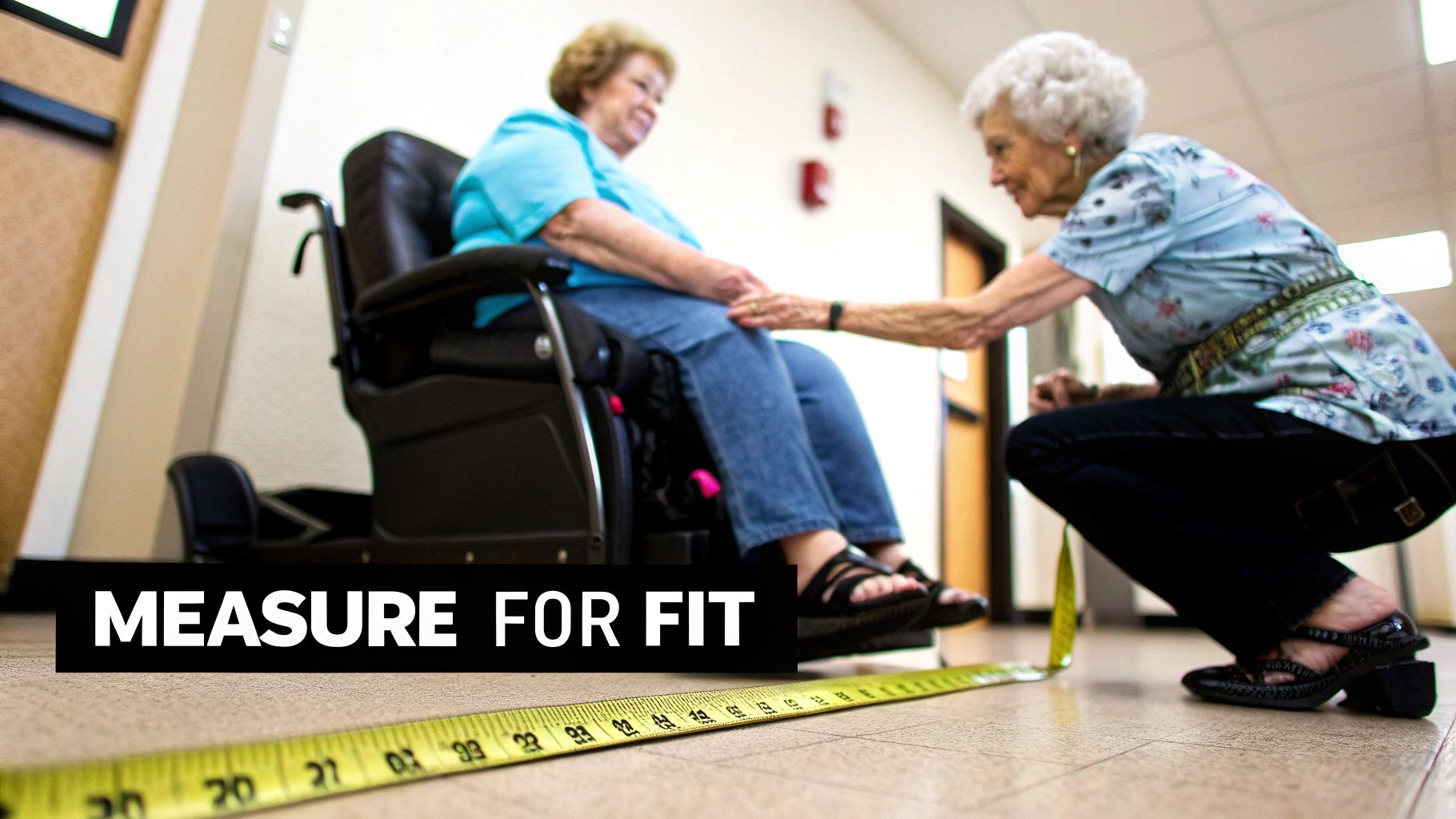 An elderly woman in a lift chair is carefully measured by another woman with a tape measure.