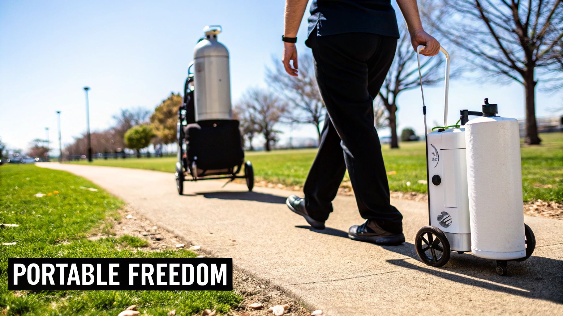 A person walks on a path, pulling a portable oxygen system, with another larger tank in the background.