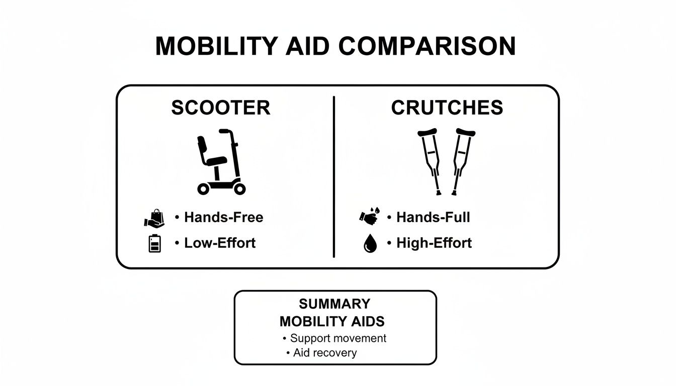 Comparison chart illustrating mobility aids: scooter (hands-free, low-effort) versus crutches (hands-full, high-effort).