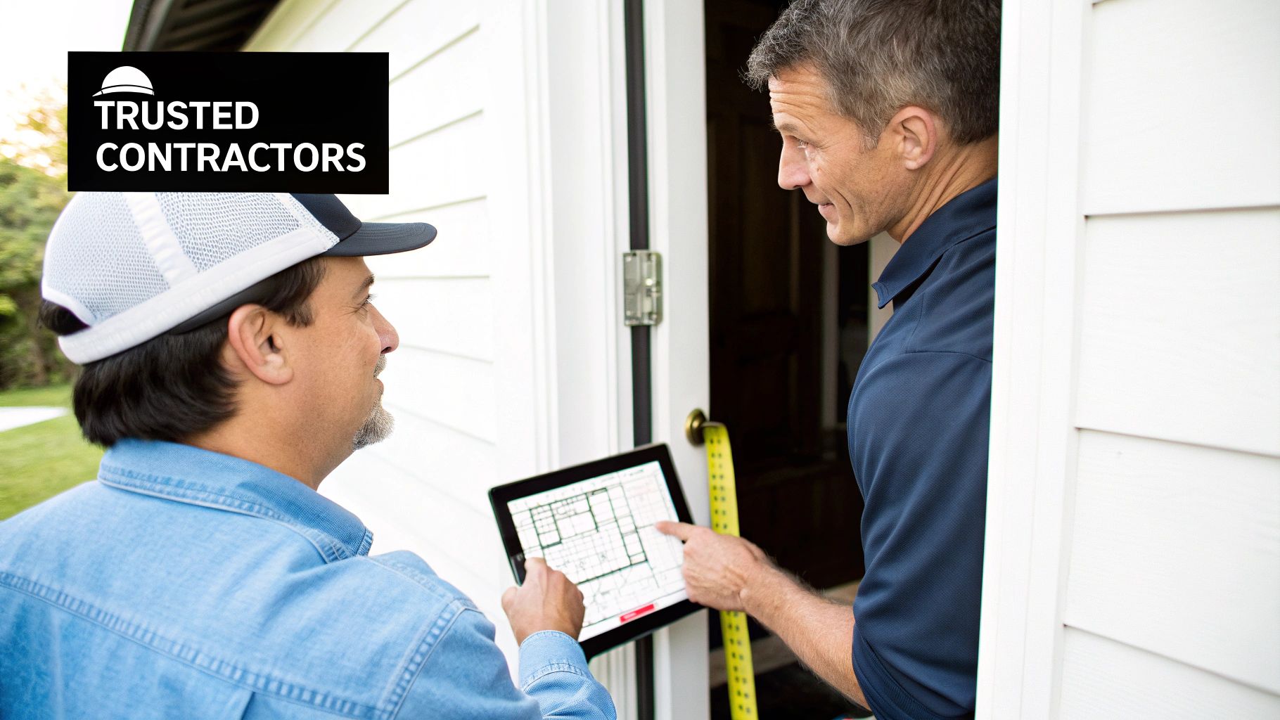 Two contractors review a home modification plan on a tablet, discussing the layout and measurements.