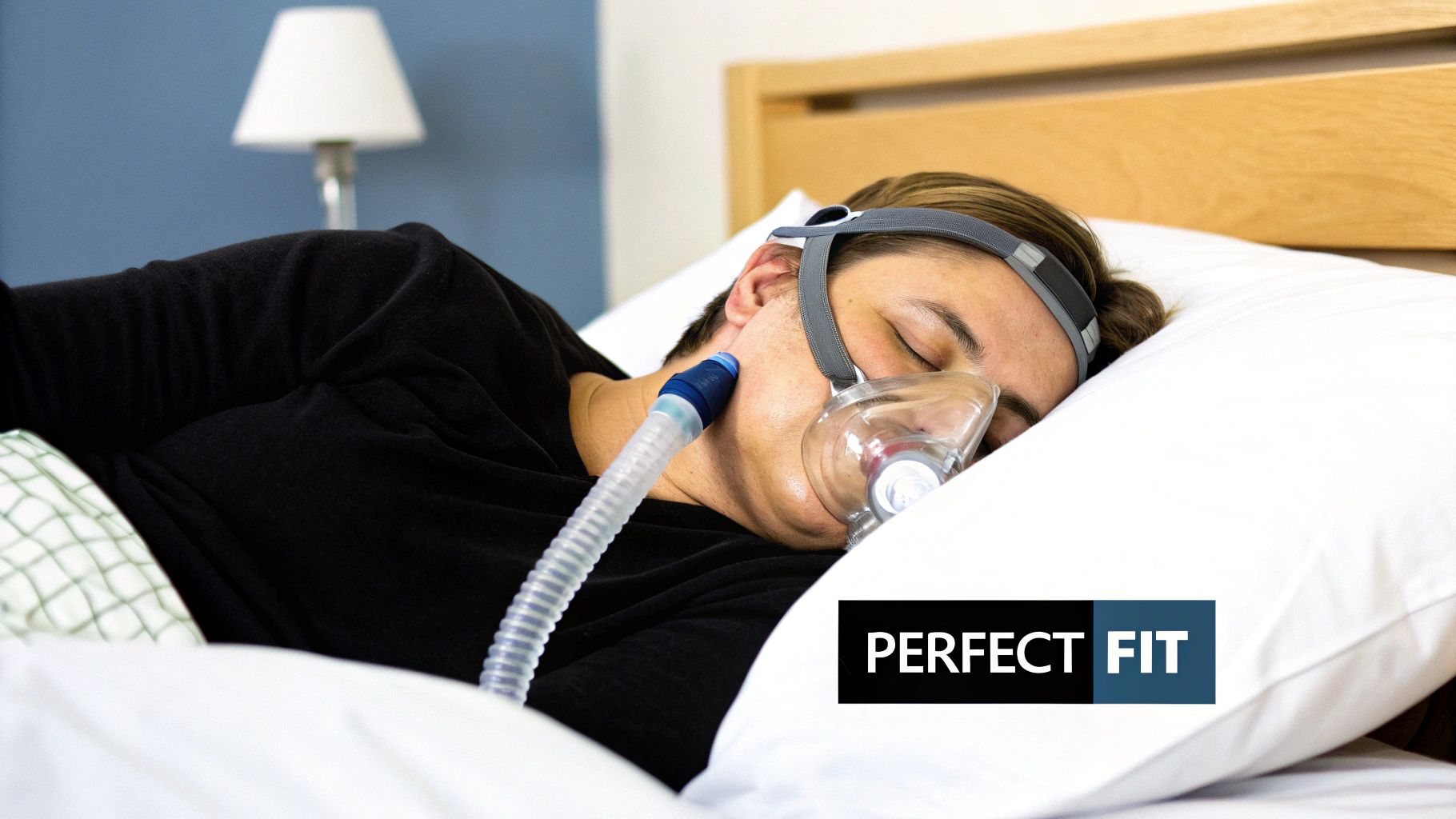 A person sleeps peacefully in bed wearing a CPAP mask and headgear, with an attached tube.