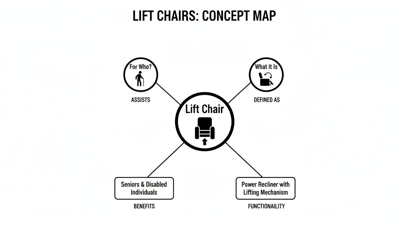 A concept map defines lift chairs, detailing their purpose, functionality, and target users.