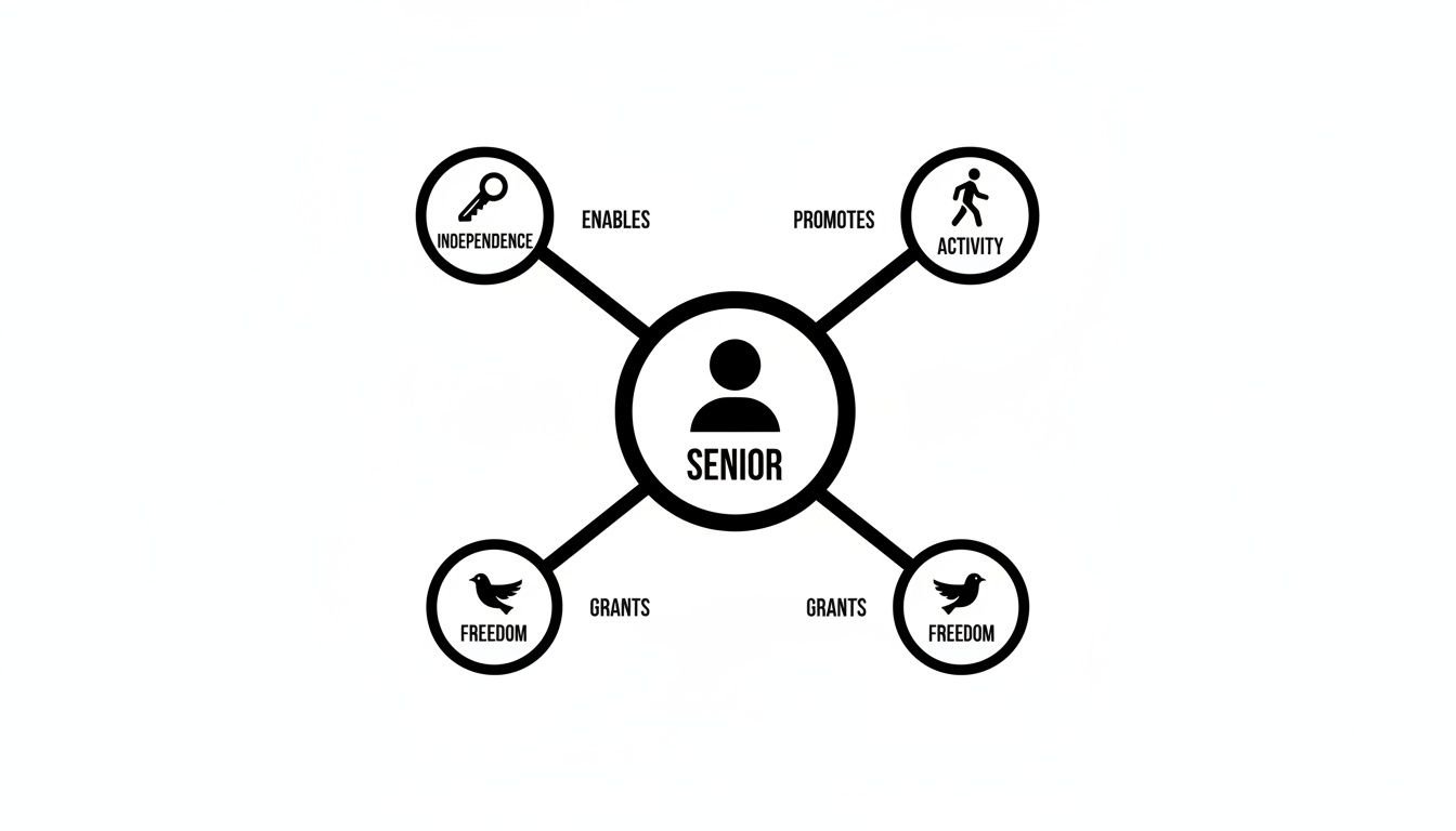 Diagram showing how 'SENIOR' enables independence, promotes activity, and grants freedom.