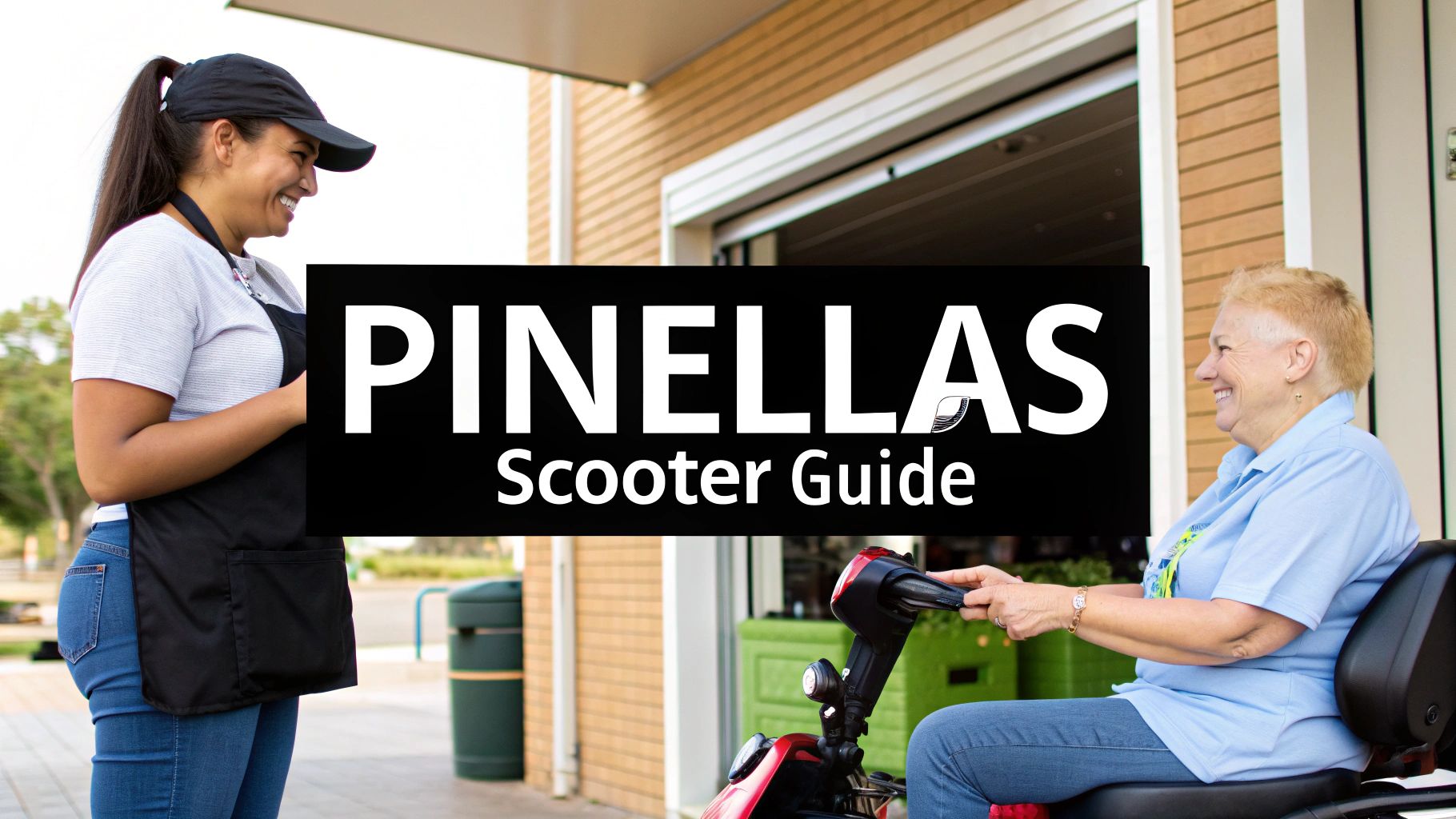 A friendly store employee smiles at an elderly woman using a red mobility scooter outside a building.