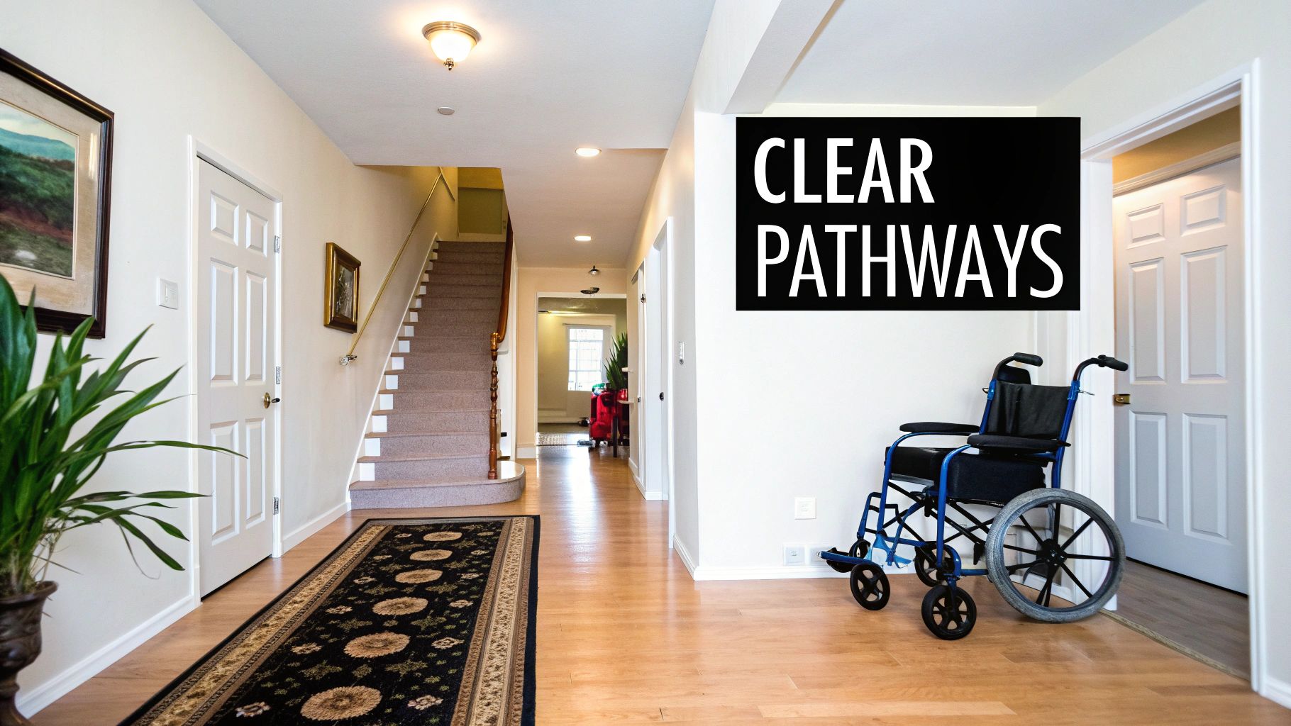 A well-lit home hallway with a wheelchair and clear pathways for elderly and disabled safety.