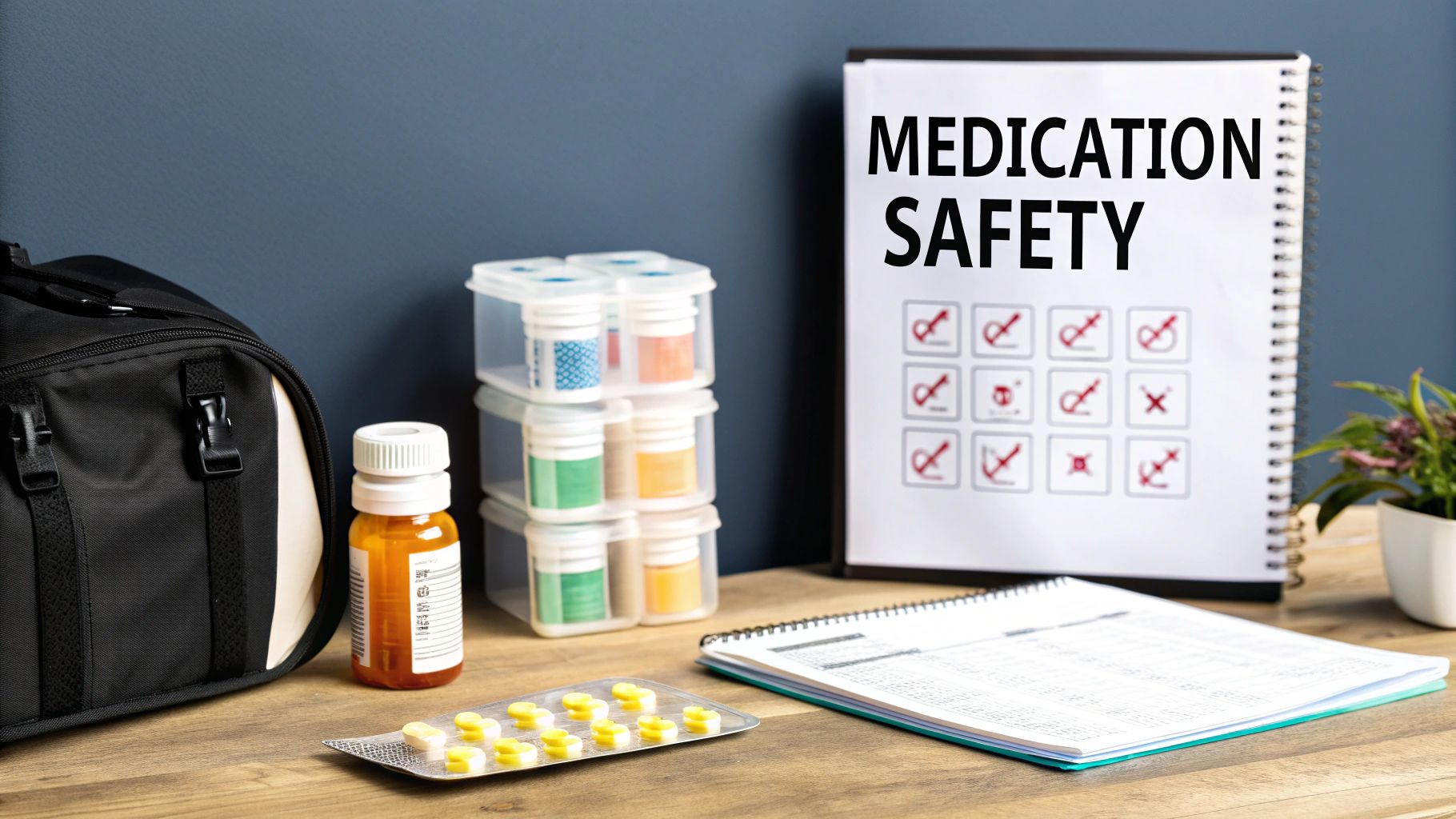Medication safety display with pill bottles, a blister pack, and notebooks on a wooden table.