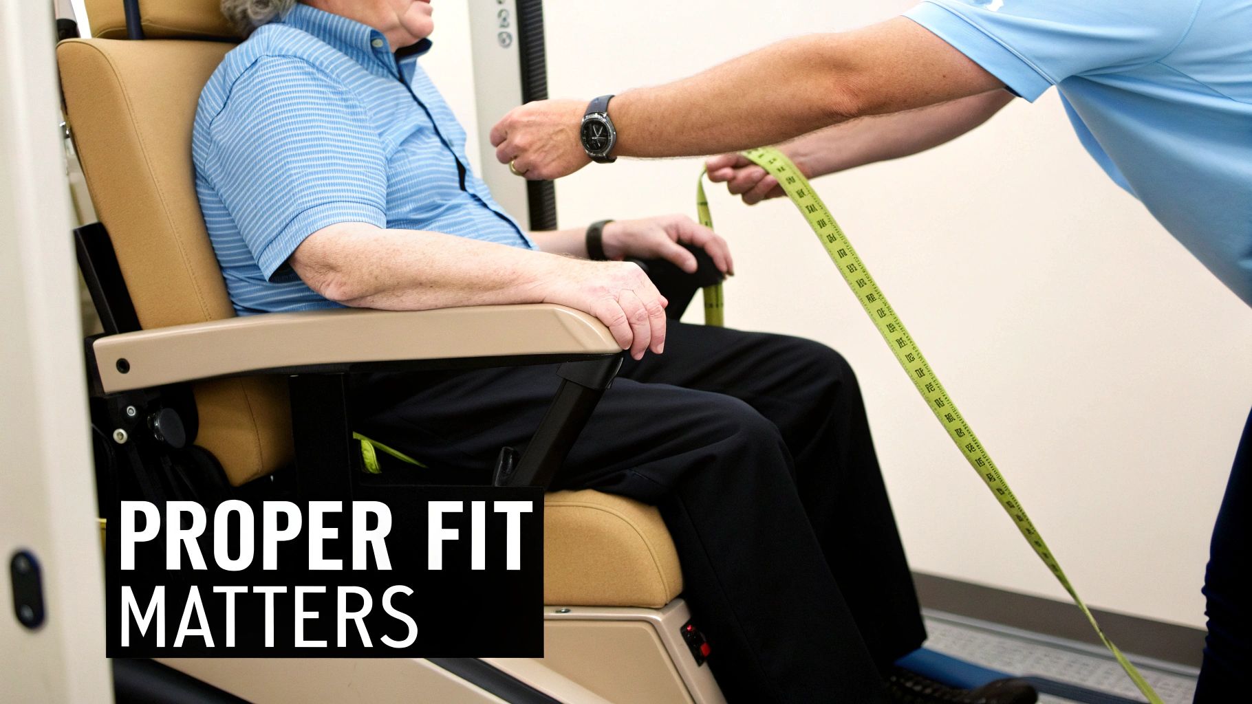 A professional measures an elderly person's leg with a tape measure for a custom chair fitting.