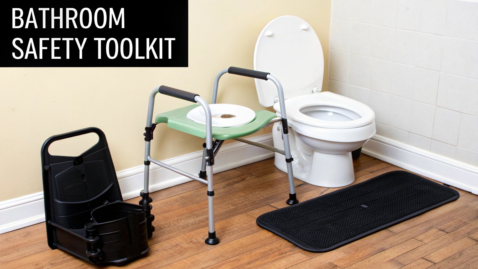 A comprehensive bathroom safety toolkit featuring a commode chair, toilet, portable caddy, and anti-slip mat.