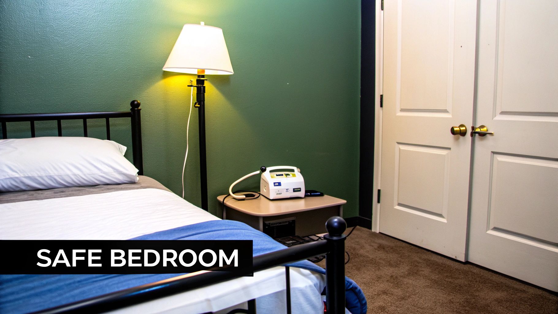 A well-lit bedroom with a black metal bed frame, a medical device on a nightstand, and white doors.