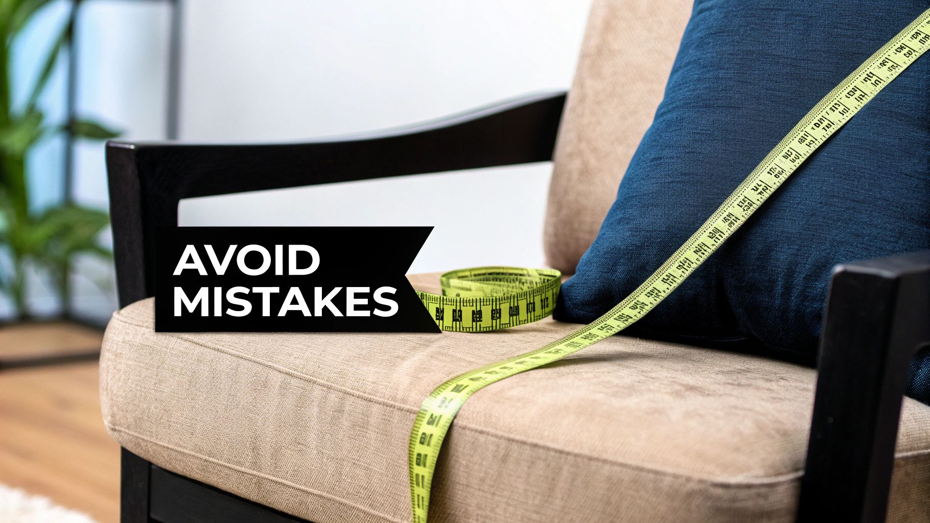 A beige armchair with a blue cushion and a measuring tape, next to an 'AVOID MISTAKES' banner.