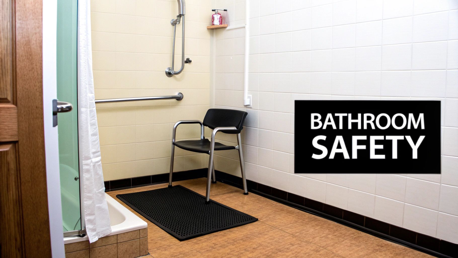 A safe bathroom with grab bars, a shower chair, non-slip mat, and a 'BATHROOM SAFETY' sign.