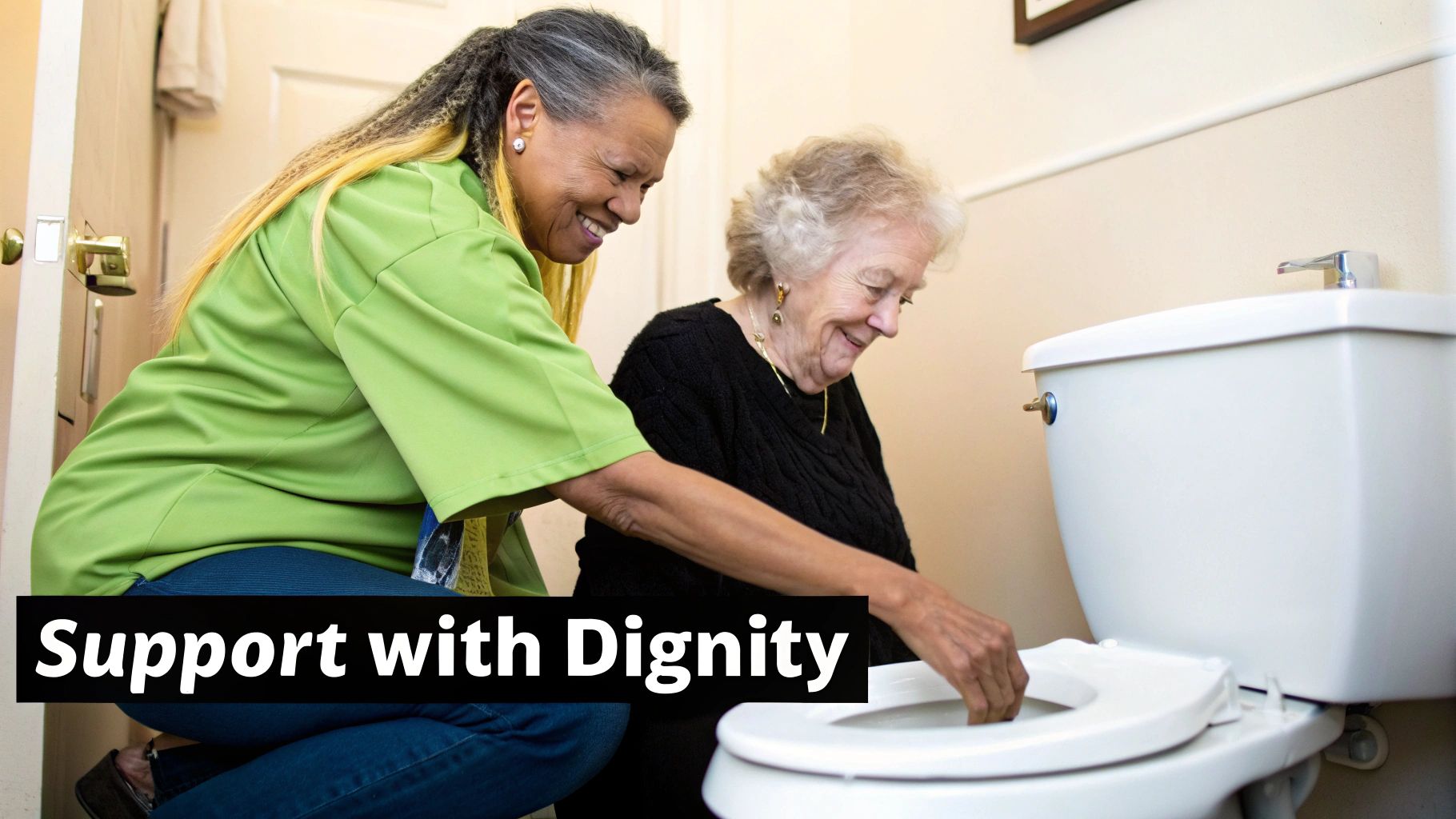 A smiling caregiver assists an elderly woman with dignity in a bathroom setting.