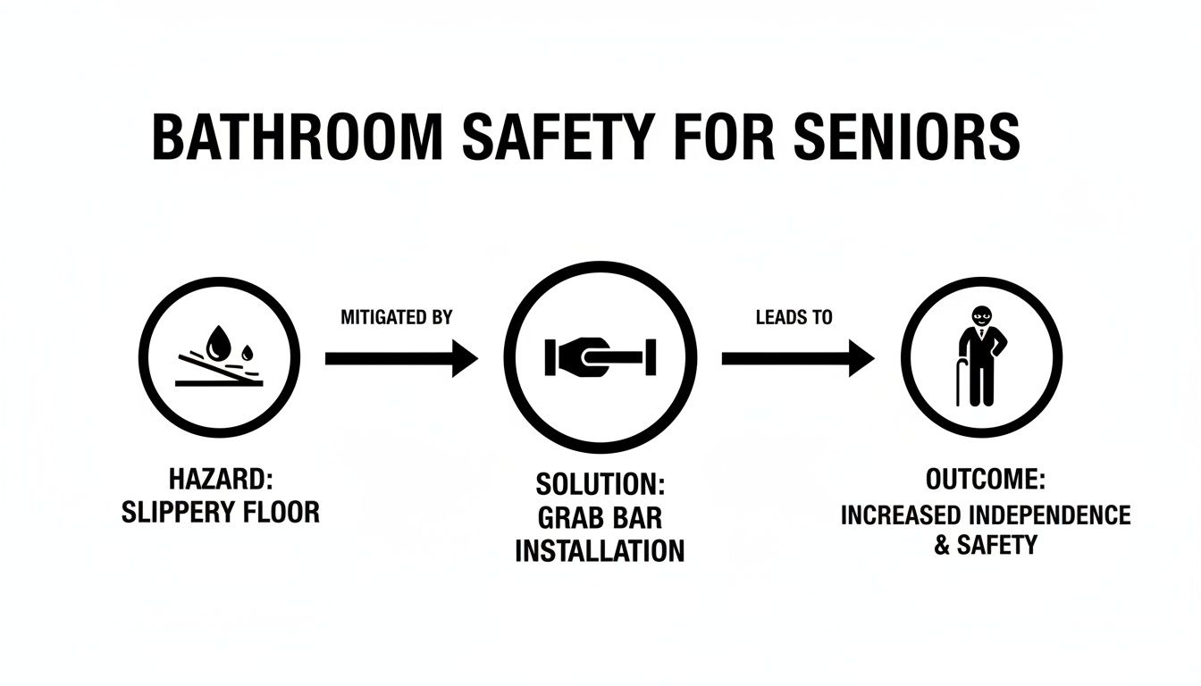 Diagram showing how grab bars improve bathroom safety and independence for elderly.
