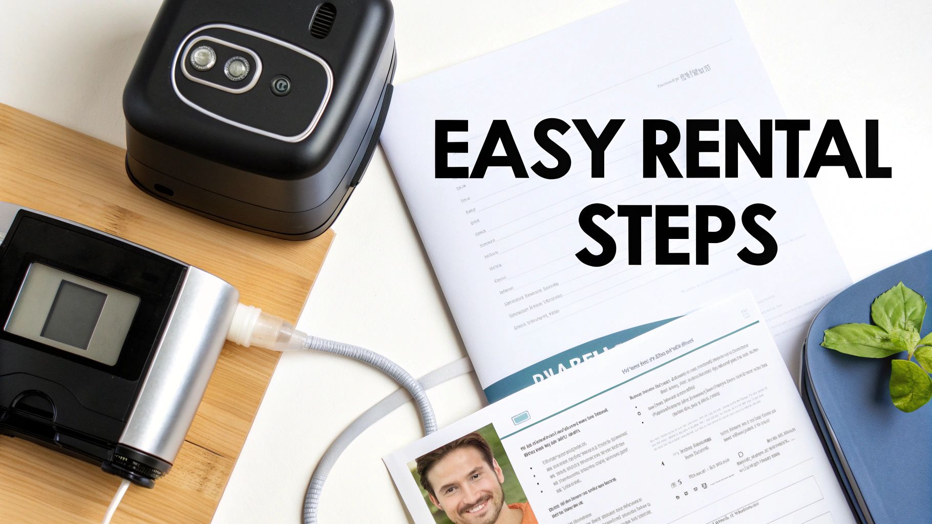 Two CPAP machines and rental documents with a man's photo, illustrating easy rental steps.