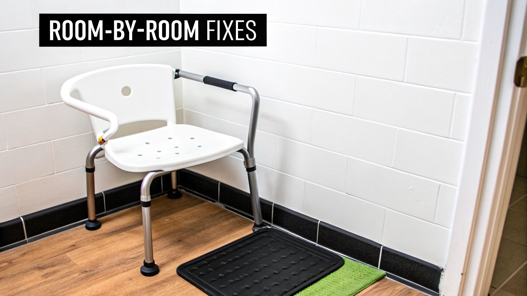 White shower chair, black non-slip mat, and green mat on wood floor in a bathroom.