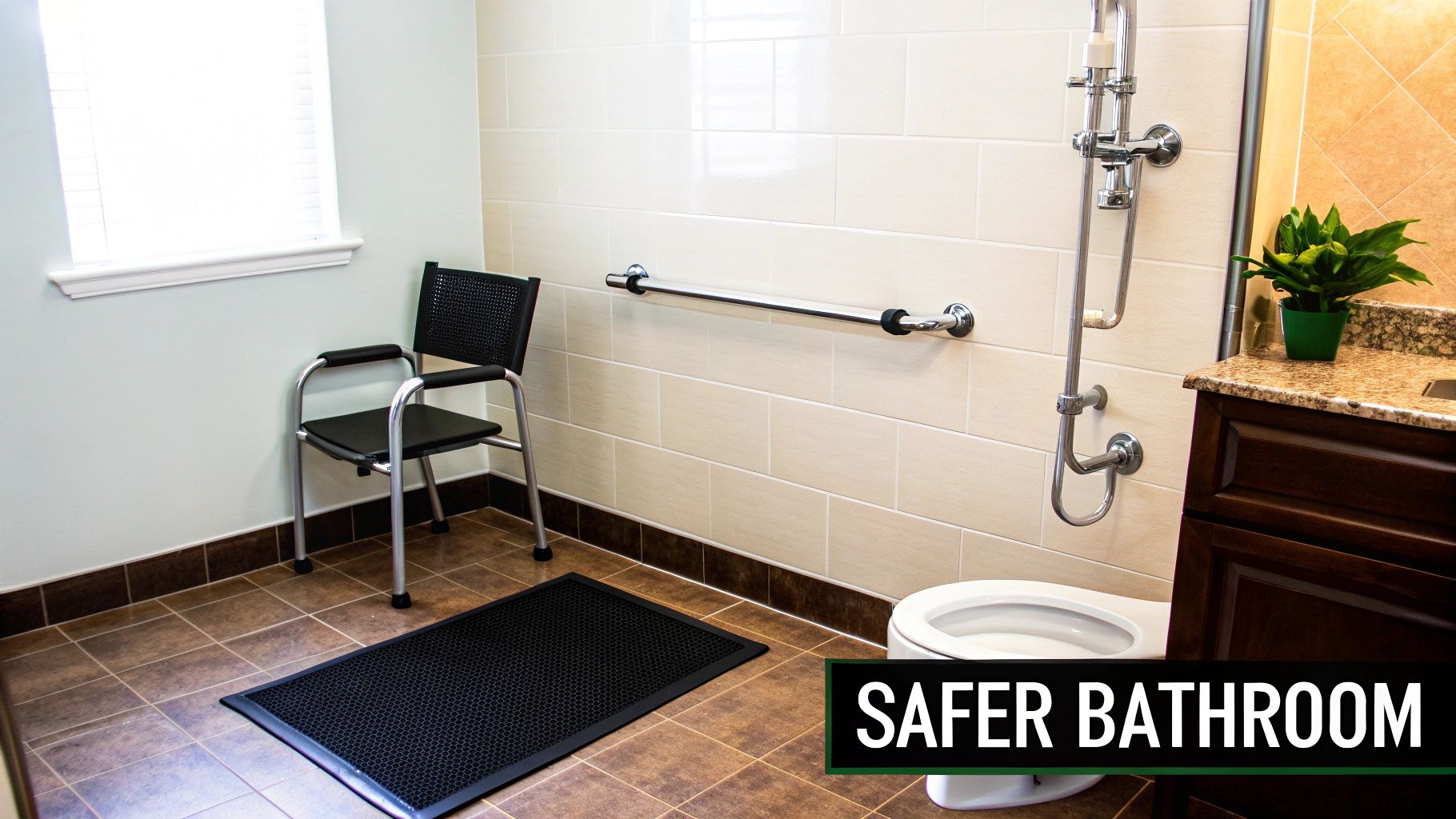 A modern, safe bathroom featuring a shower chair, grab bar, non-slip mat, toilet, and vanity.