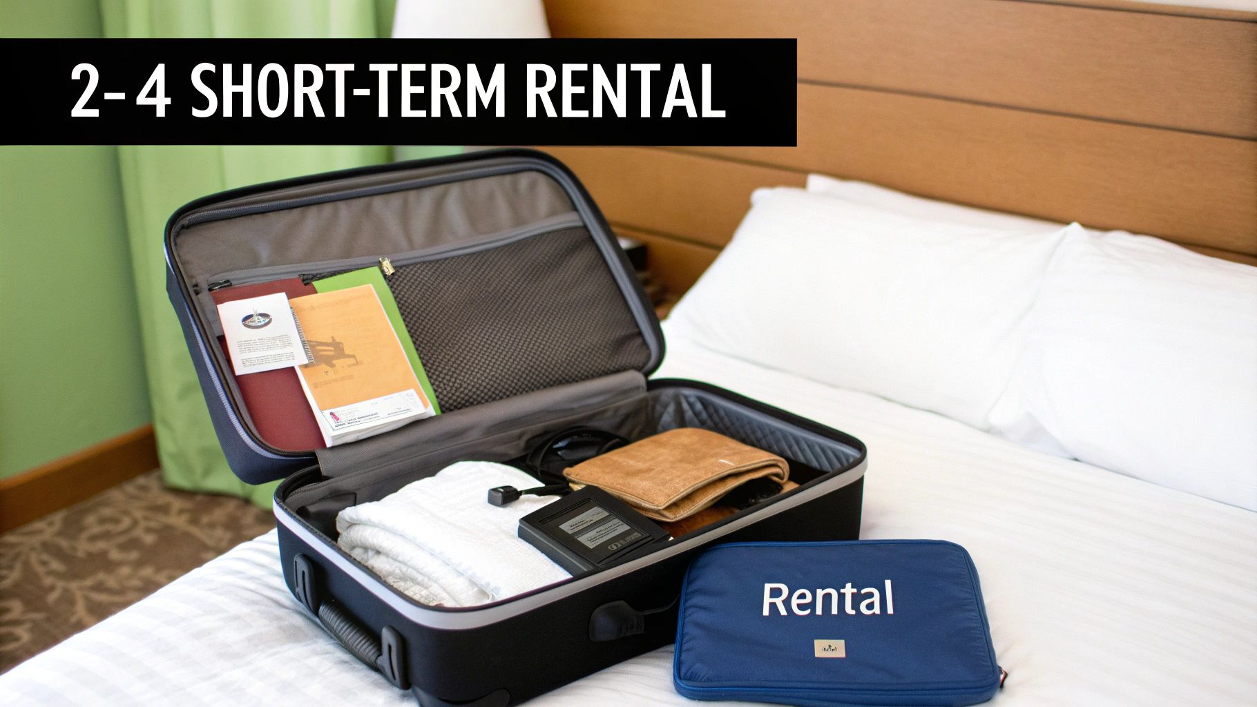 An open suitcase on a bed with a CPAP machine, documents, and a blue 'Rental' pouch.