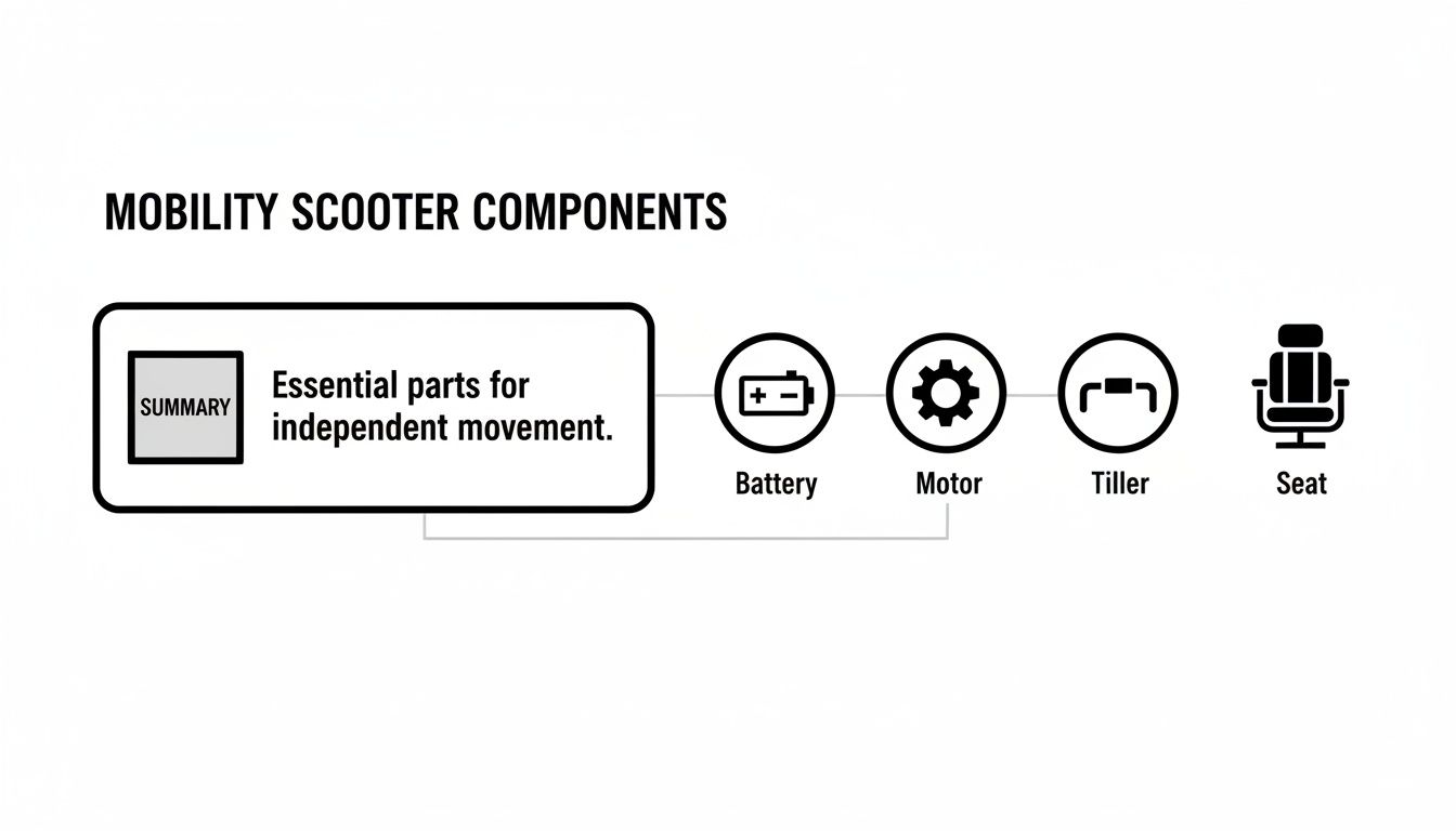 Diagram detailing essential mobility scooter components, including battery, motor, tiller, and seat for independent movement.