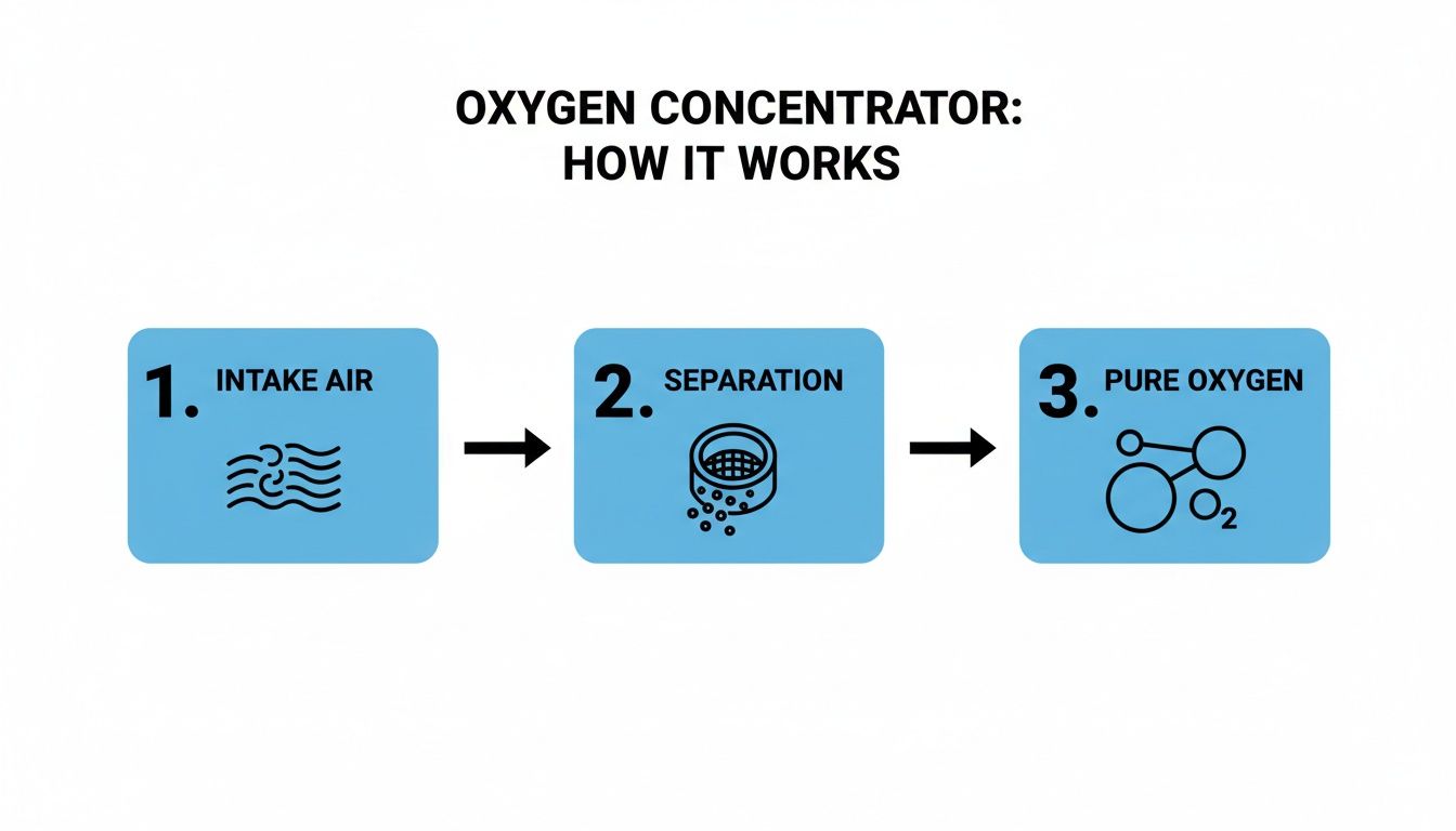 Diagram illustrating the three steps of an oxygen concentrator: intake air, separation, and pure oxygen output.