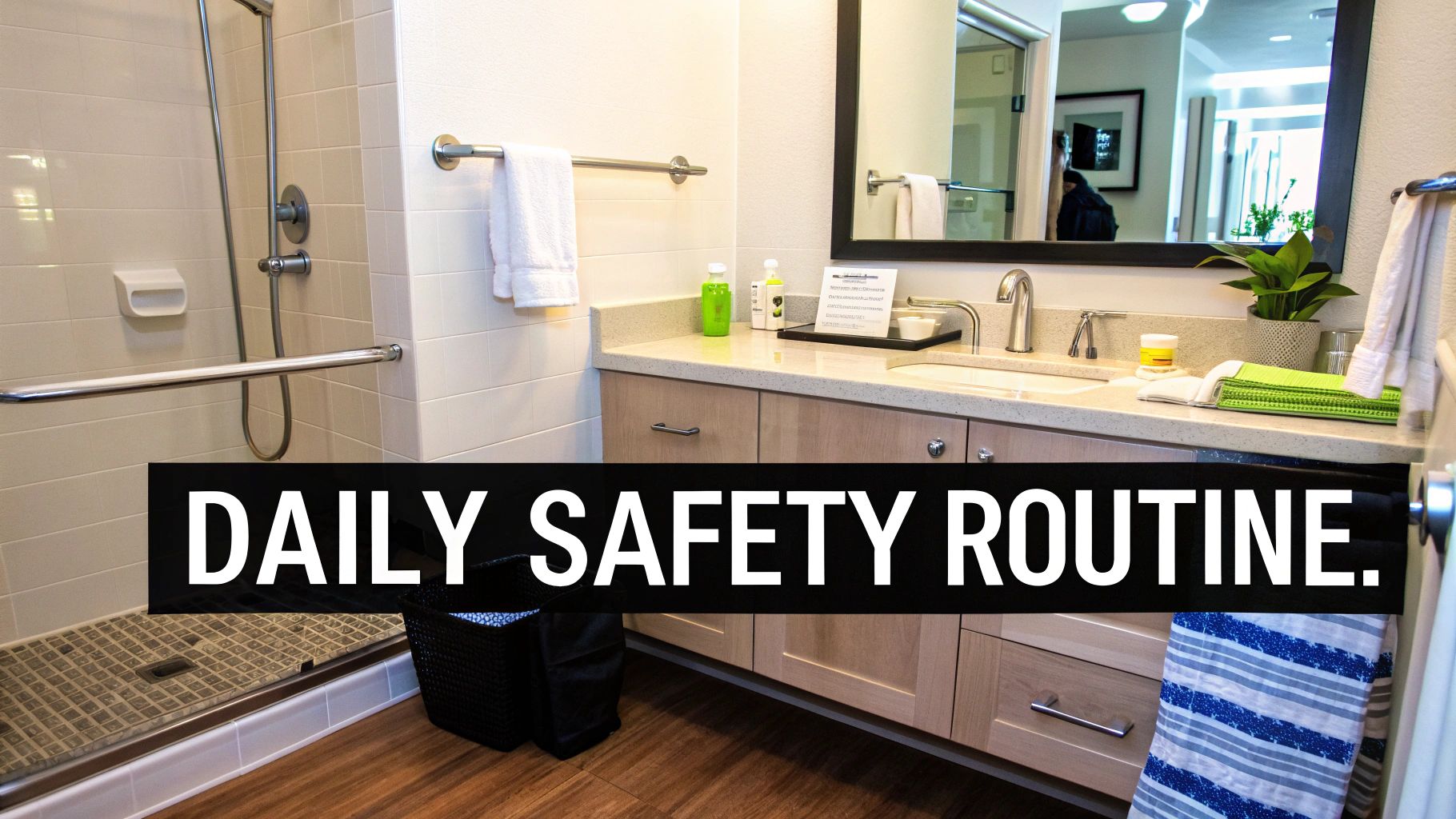 A clean, modern bathroom with a walk-in shower, grab bars, and a vanity with toiletries.