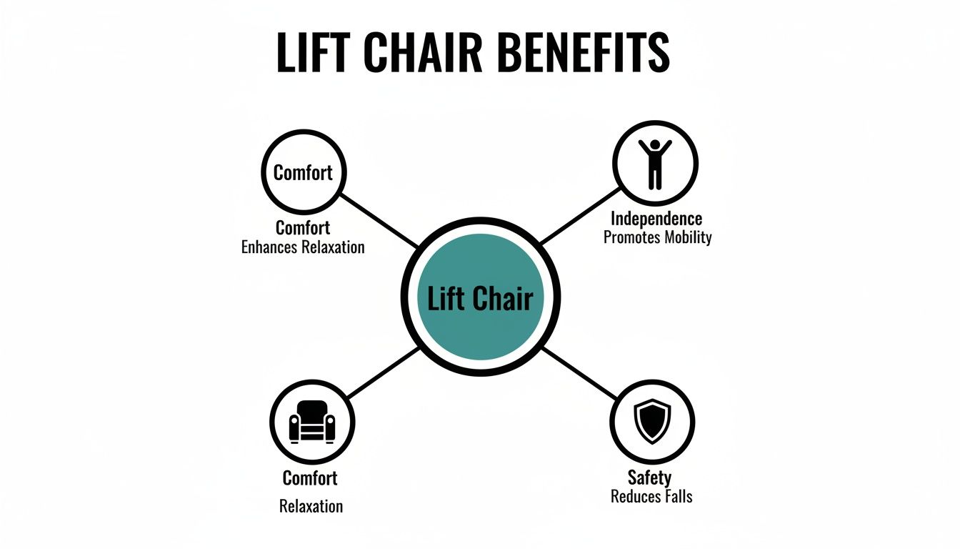 Diagram illustrating lift chair benefits, including enhanced comfort, independence, mobility, relaxation, and safety by reducing falls.