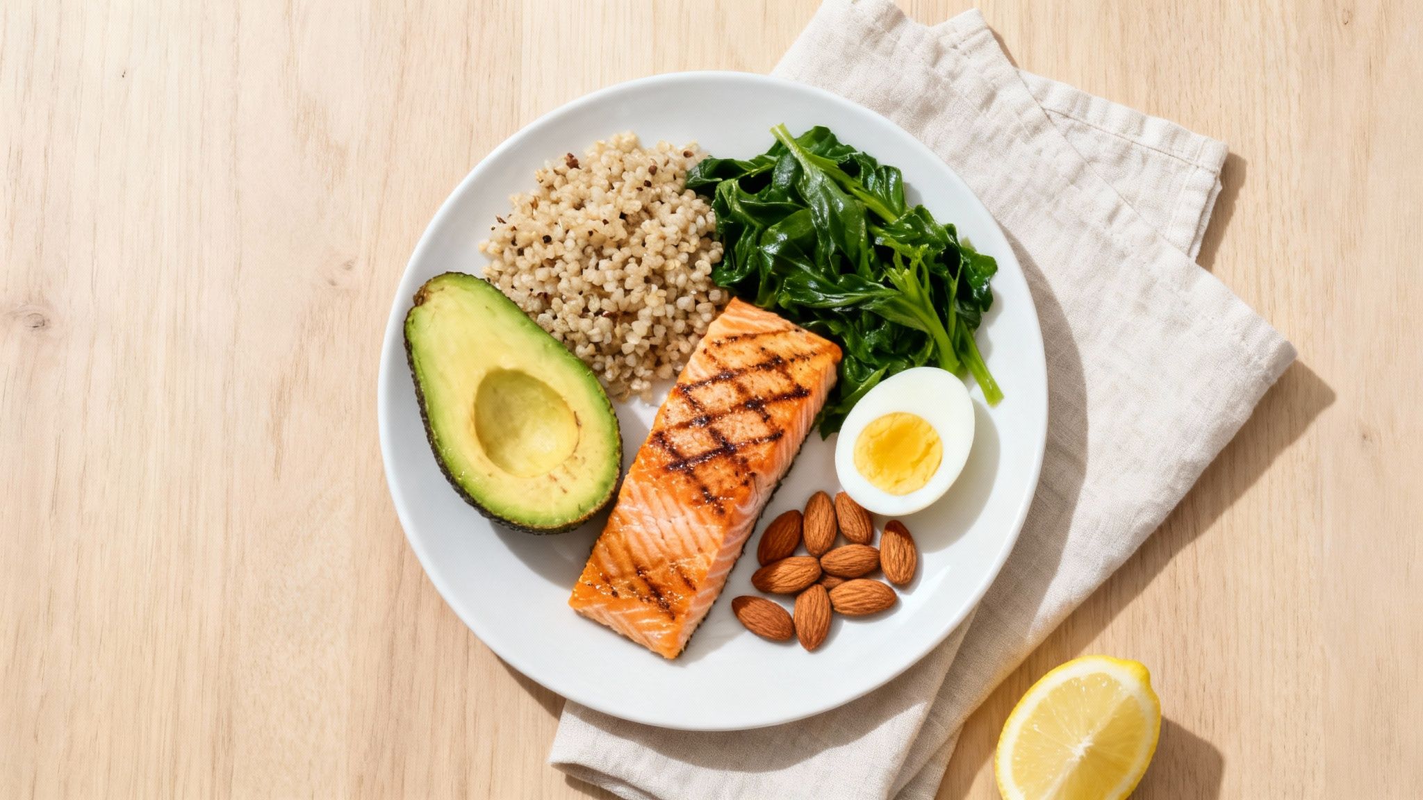 Nutritious plate featuring grilled salmon, avocado, quinoa, spinach, hard-boiled egg, and almonds.