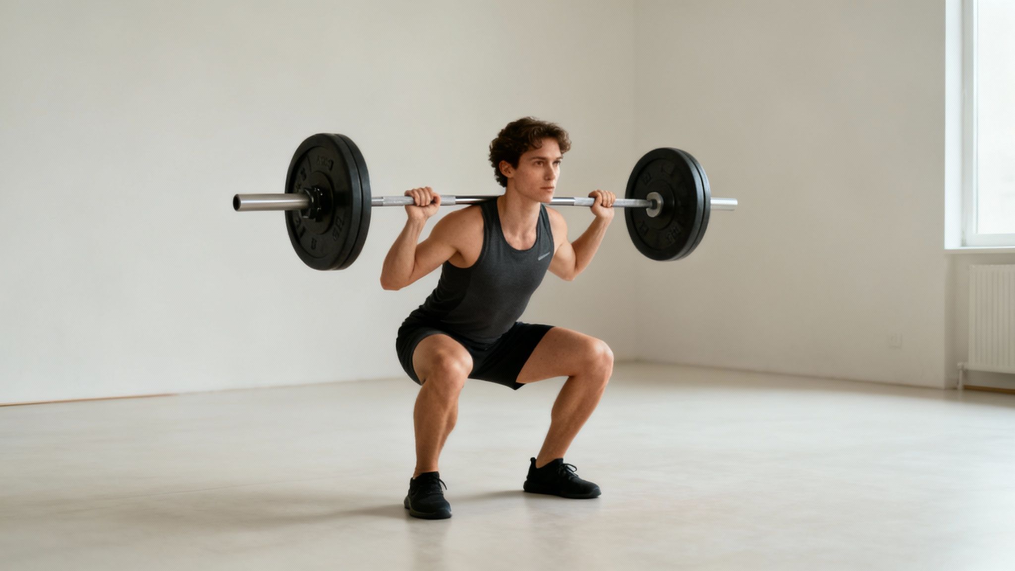 A fit young man performing a barbell back squat in a light, spacious gym setting.