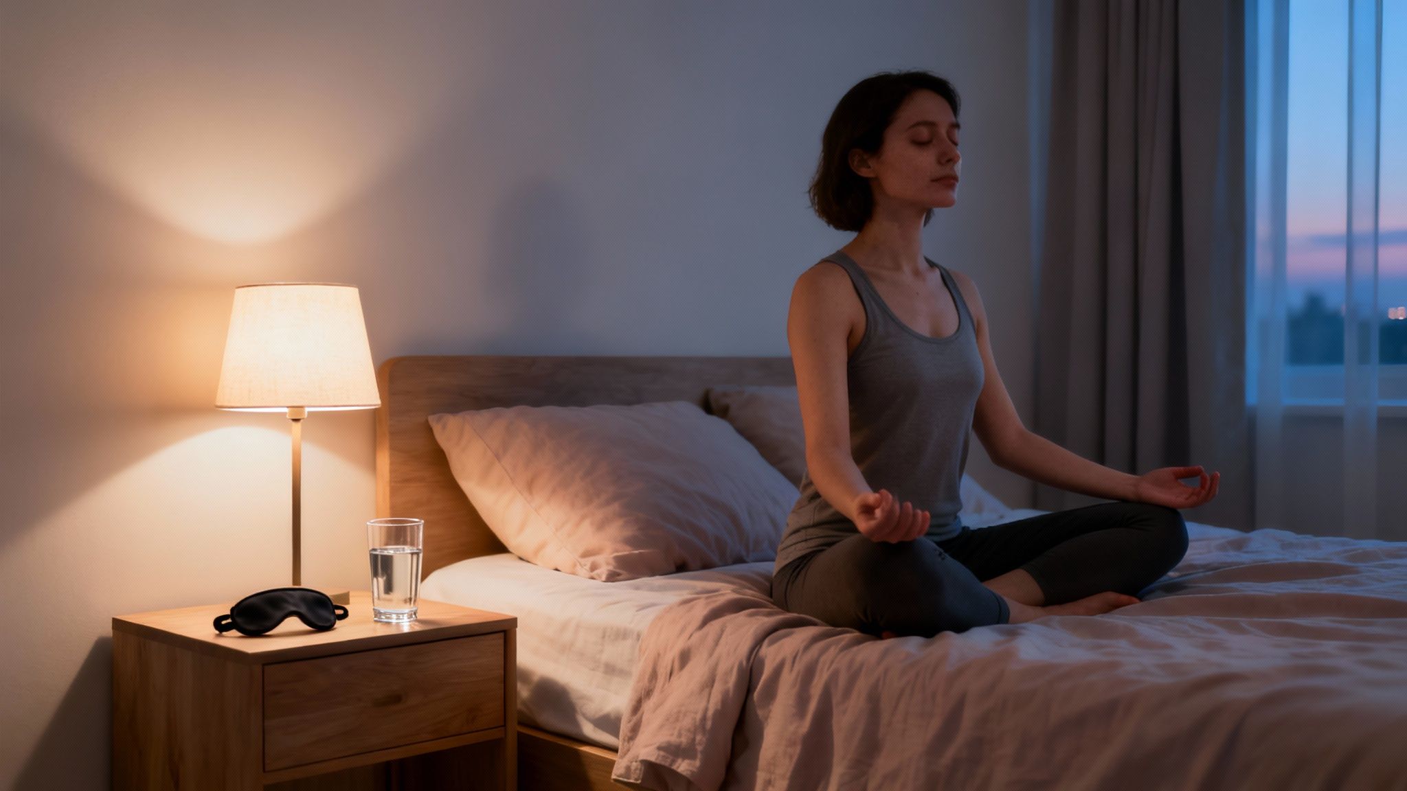 A serene woman meditates peacefully in bed at night, next to a glowing lamp and water.