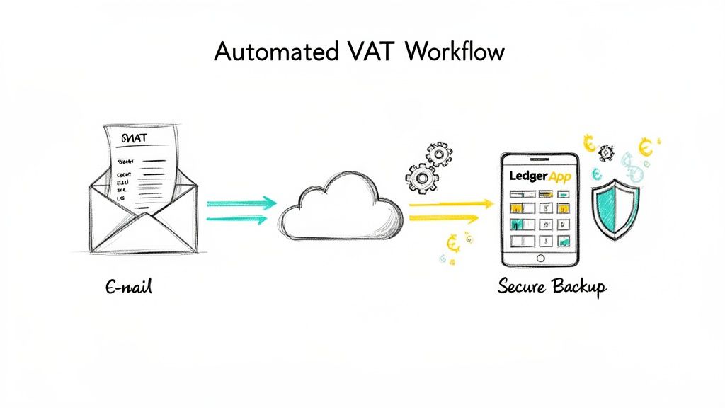 Diagram illustrating an automated VAT workflow from email input, through cloud processing, to secure backup on a Ledger app.