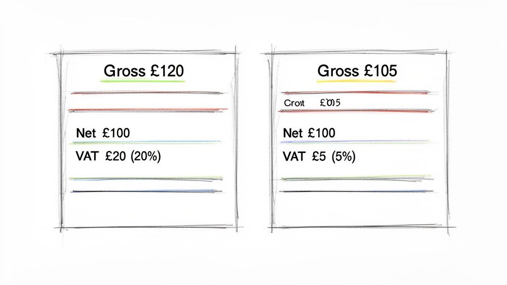 Two examples show financial calculations, one with 20% VAT and another with 5% VAT.