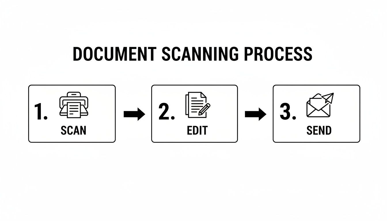 A three-step document scanning process infographic with icons for scan, edit, and send.