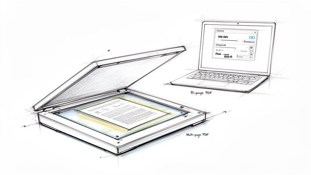 Sketch of a flatbed scanner digitizing documents, connected to a laptop displaying scanning software settings.