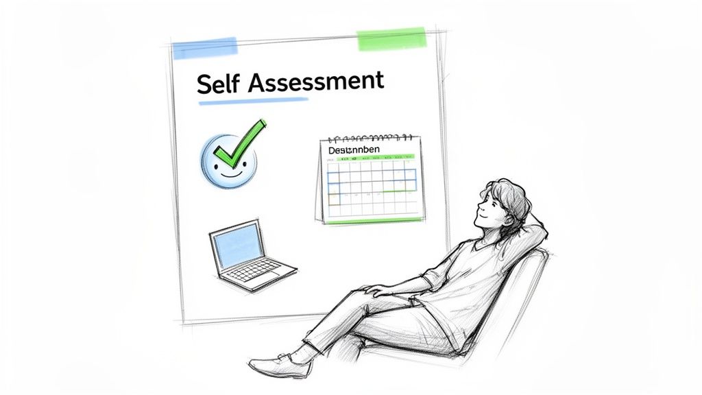 Sketch of a person relaxing and contemplating a self-assessment plan with a laptop and calendar.