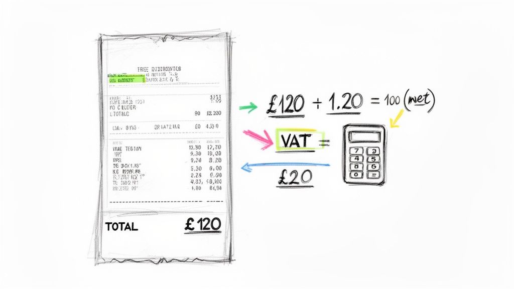 Handwritten receipt with £120 total and VAT calculation showing £20 deduction.