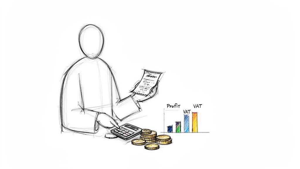 A sketch of a person calculating finances with a calculator, coins, and a bar chart showing profit and VAT.