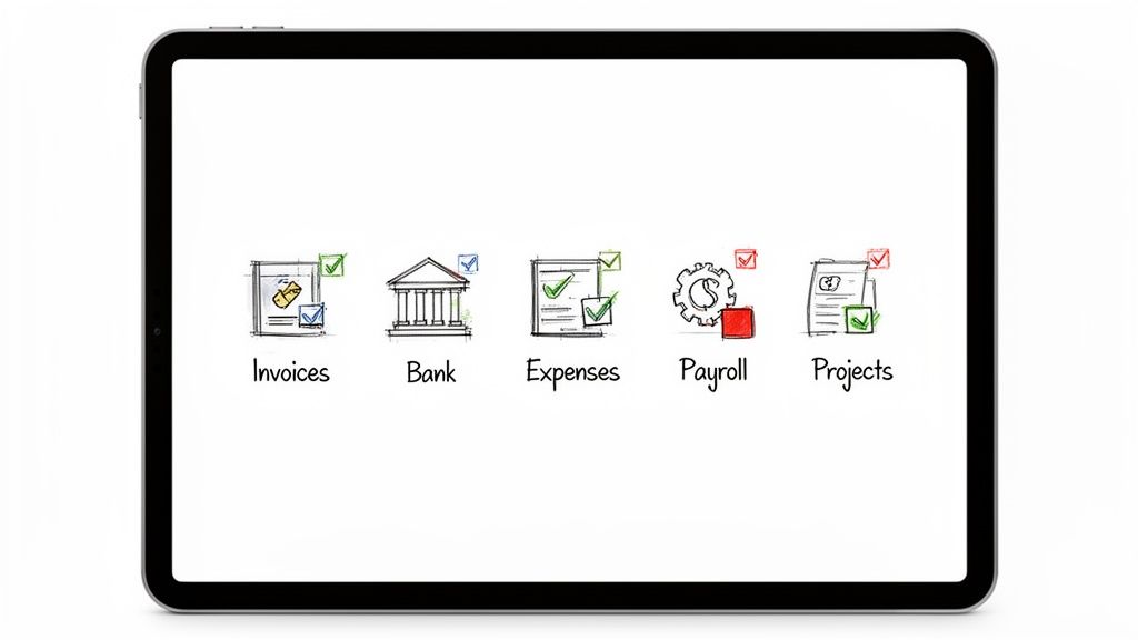 Tablet screen displaying accounting software features with icons for Invoices, Bank, Expenses, Payroll, and Projects.