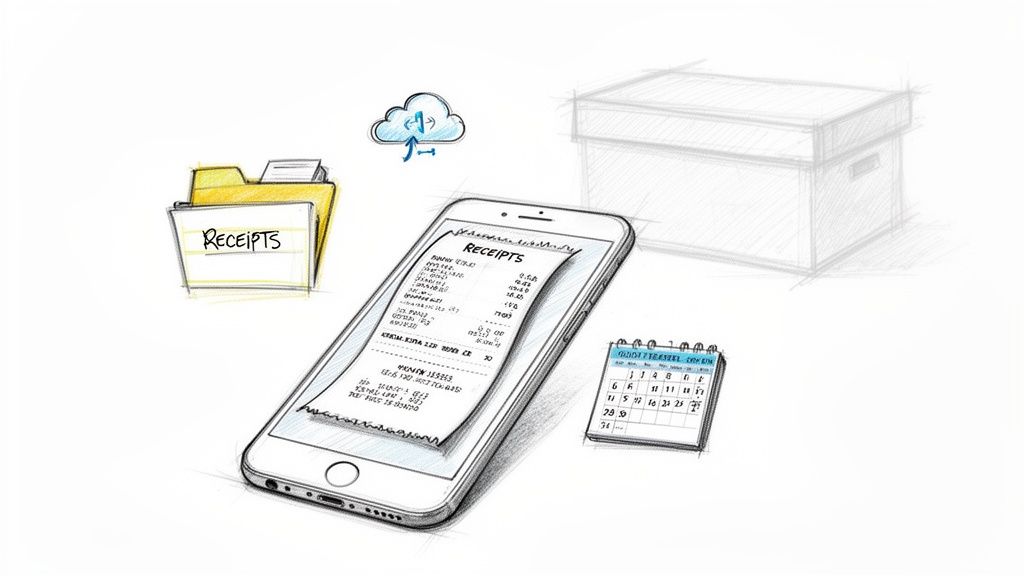 Illustration showing a smartphone digitizing receipts, with cloud storage, a folder, and a calendar for expense management.