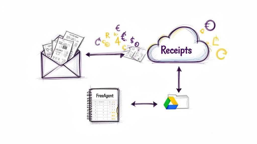 A diagram illustrates digitizing paper receipts into a cloud system, integrating with Google Drive and FreeAgent for financial management.