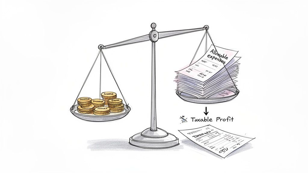 A balance scale shows income coins against allowable expenses papers, illustrating taxable profit.
