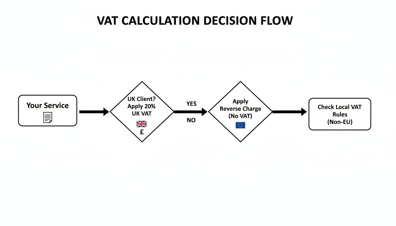 Flowchart illustrating the VAT calculation decision flow for services based on client location in UK, EU, or Non-EU.