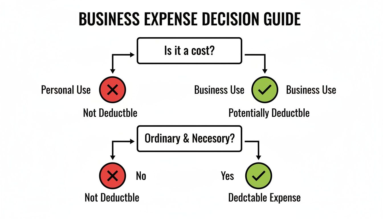 Flowchart guiding business owners on expense deductibility: Is it a cost? Is it ordinary and necessary?