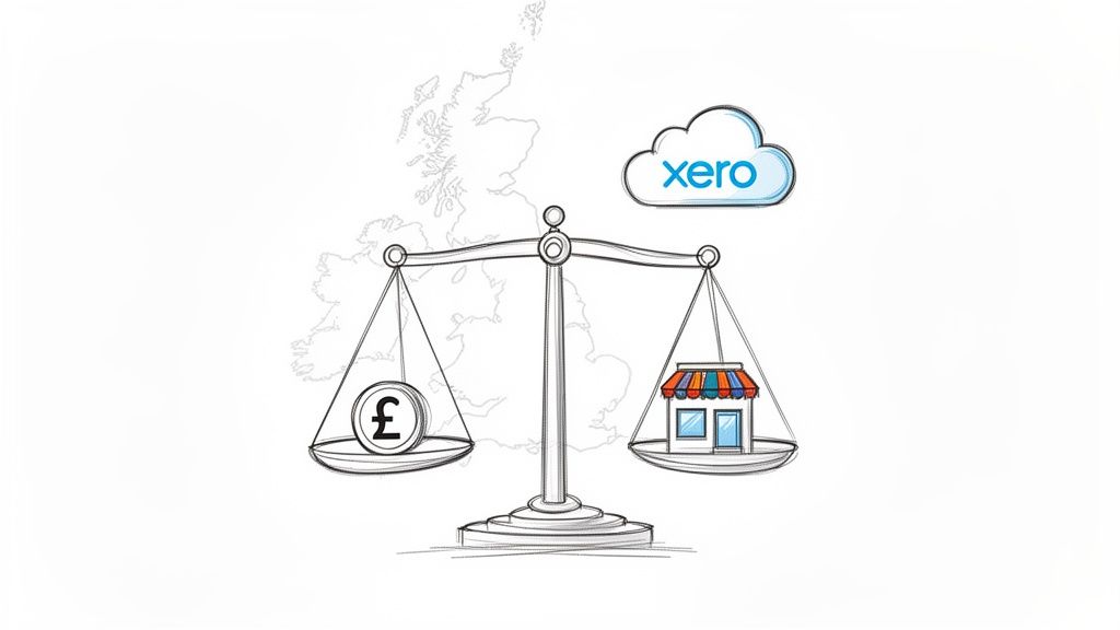 A balanced scale with a pound coin and a small business building, with the UK map and Xero cloud logo.